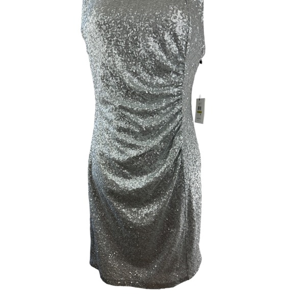 NWT Calvin Klein Sequin Ruched Sheath Shift Dress Silver Pleated Bodycon Size 14 - Picture 5 of 16